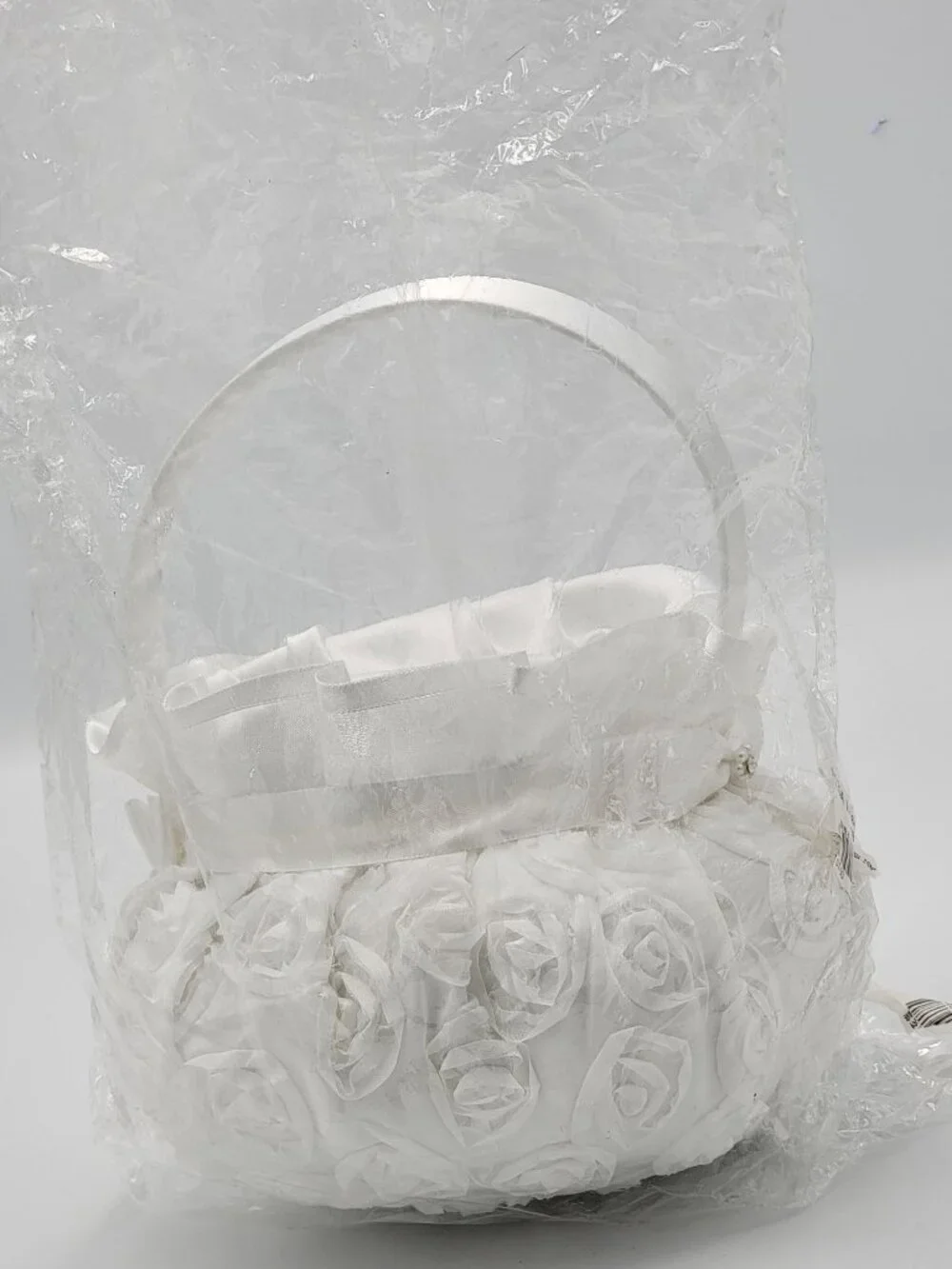 White Satin Flower Girl Basket With Ribbon & Rosette Details For Wedding Ceremon